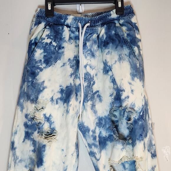 Free People Sm Womens Blue White Hi-Waist Denim Jogger Acid Wash Distressed - Picture 1 of 6